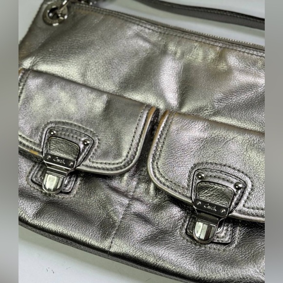 Coach Poppy Silver Metallic Pewter Leather Medium Crossbody Purse Shoulder Bag - Picture 3 of 16